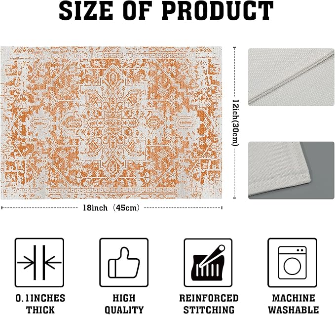 Gray Orange Boho Placemats Set of 4 Ethnic Bohemian Carpet Place Mats Washable Kitchen Dining Vintage Grey Geography Floral Linen Table Mats Stain Heat-Resistant Cloth Tabel for Home Party 12x18 in