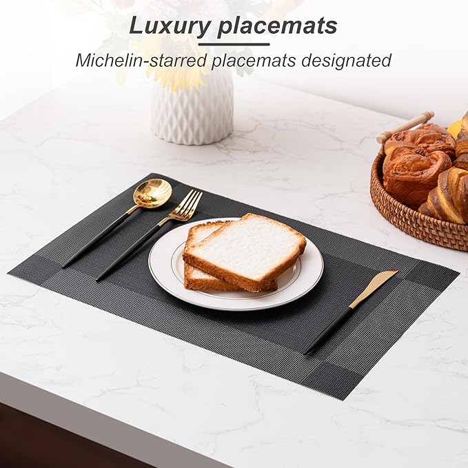 CADONO Placemats Set of 6 Washable Indoor/Outdoor Vinyl Place Mats for Dining Table Durable Non-Slip Heat Resistant PVC Weave Table Mats（Four-Corner-Black）