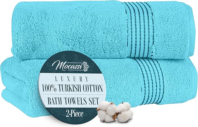 Mocassi Luxury 100% Turkish Cotton 2-Pack Bath Towel Set- Ultra Soft, Quick Dry Highly Absorbent 27 x 54 inch Premium Spa Hotel Quality 2PC Bath Towels - Luxurious Soft Bathroom Towels, Aqua