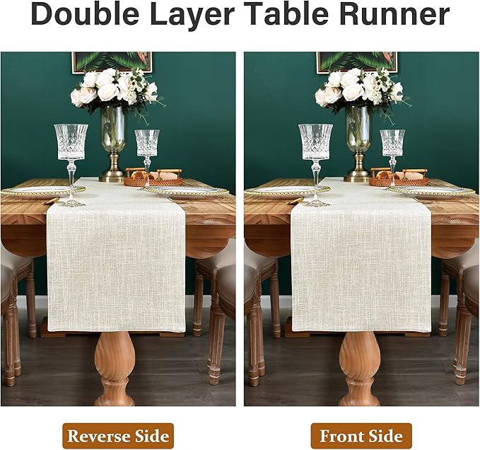 Farmhouse Rustic Faux Linen Table Runner Neutral Beige Table Runners Double Layer Reversible Rectangle Runners for Daily Use Kitchen Dining Banquet Holiday 13x48 Inch