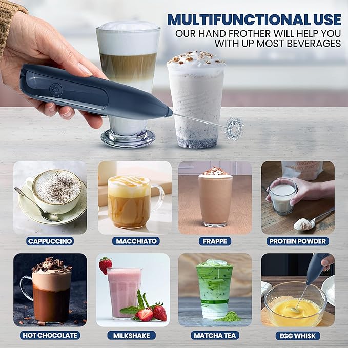 Rechargeable Milk Frother Handheld with Stand for Latte Art/Coffee Mixer Wand/Double Whisk Milk Frother Wand Coffee Frother Handheld/Electric Whisk Frother/Drink Mixer Handheld