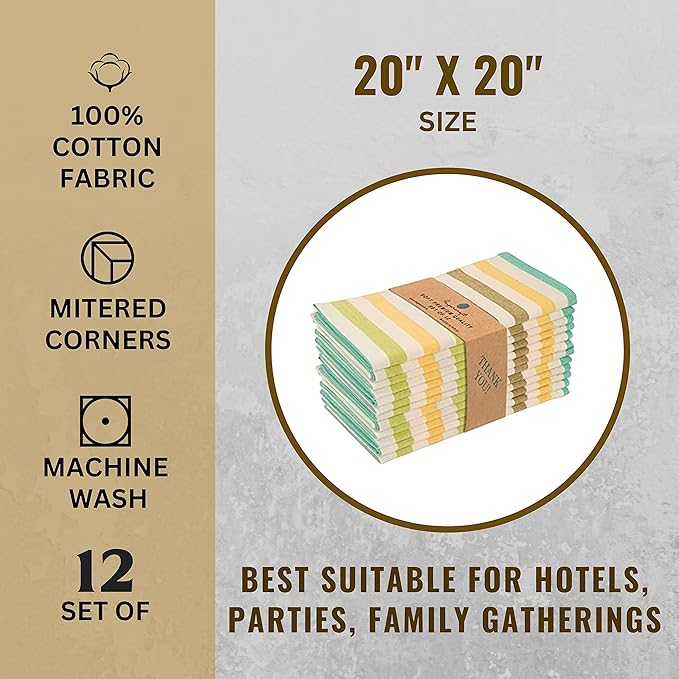 FINGERCRAFT Cloth Napkins, Everyday Use, Premium Quality High GSM Woven Cotton, Set of 12, 20X20 Inch Oversized Napkins Cloth Mitered Corners, Soft, Durable Hotel Quality Soft Stripe