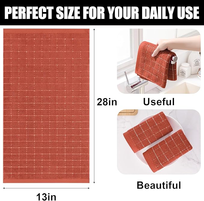 Homaxy 100% Cotton Terry Kitchen Towels(Rust, 13 x 28 inches), Checkered Designed, Soft and Super Absorbent Dish Towels, 12 Pack