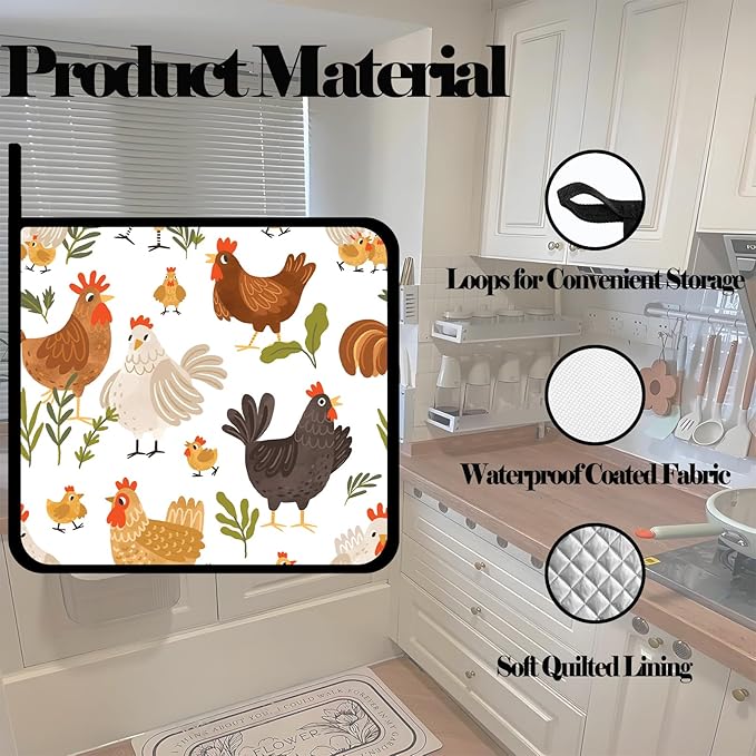 Cute Roosters Pot Holders Set of 2,Kitchen Heat Resistant Potholders for Microwave Cooking Baking Oven and BBQ Gifts for Women