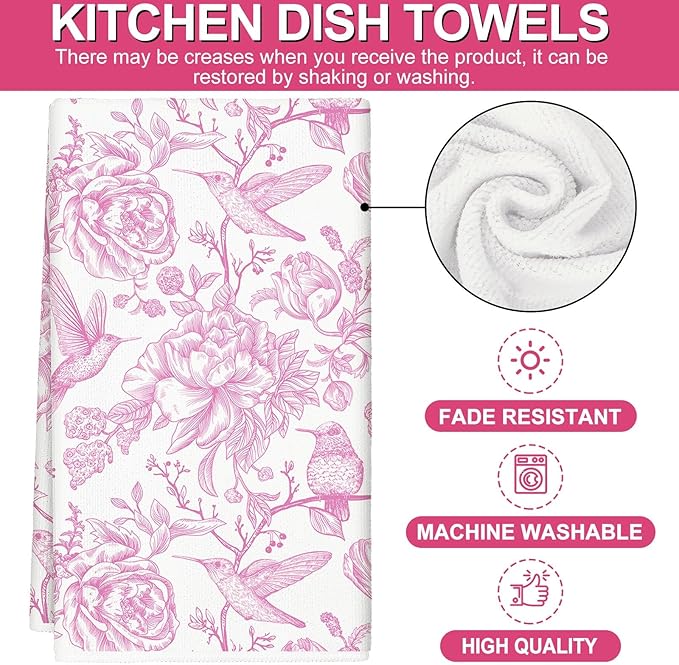 Pink Floral Kitchen Towel Flower Birds Dish Towel 18 x 28 Inch Hand Drying Tea Towel for Cooking Baking Party Supplies, 2Pcs