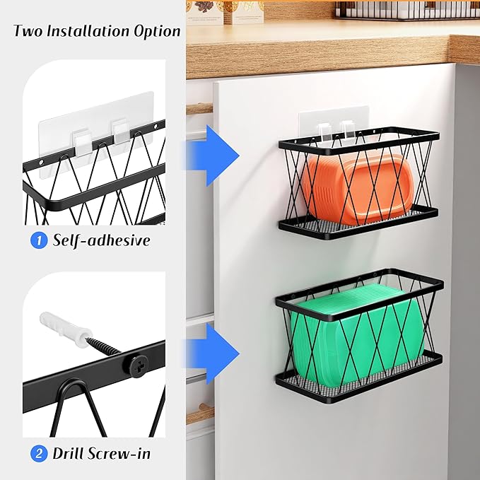 BasicForm 4 Pack Metal Kitchen Inside Cabinet Door Organizer, Adhesive Lid Organizers Cabinet Door Storage for Tupperware Lid, Storage Holder Basket for Kitchen Wall Mounted (Black)