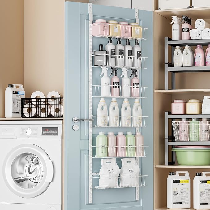 Delamu Adjustable Cabinet Door Organizer, 6-Tier Hanging Spice Rack Organizer, Metal Over the Door Pantry Organizer, Pantry Organizers and Storage Shelves for Kitchen Bathroom Laundry Room, White M