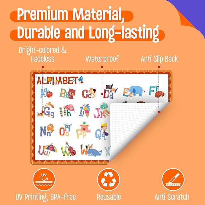 6 Pack Placemats for Kids, Non-Slip Washable, Reusable Alphabet, Number, Shape, Color, America & World Map Themed Educational Placemats for Home, Kindergarten, Classroom, Nursery