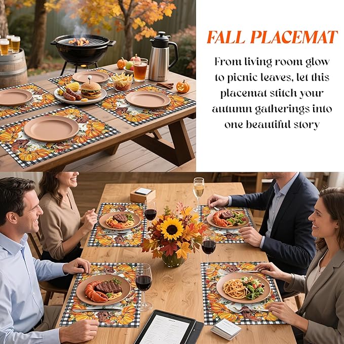 Bloss Thanksgiving Placemats Set of 4 Pumpkin Leaves Fall Placemats,Autumn Decorations Clearance,12x18Inch Plaid Place Mats,Thanksgiving Kitchen Dining Table Place mats for Fall Decorations