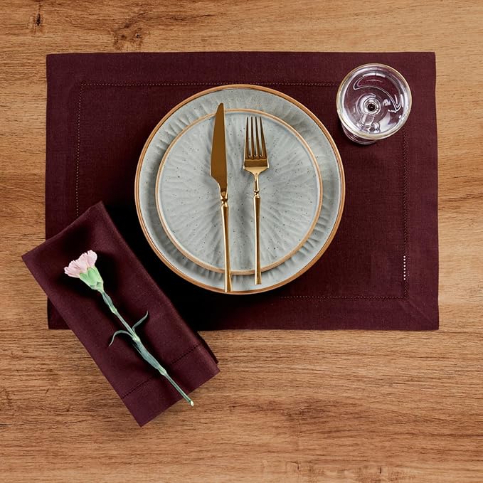 Solino Home Linen Cloth Placemats Set of 4 - 100% Pure Linen Hemstitch Burgundy Placemats 14 x 19 Inch - Classic Hemstitch Table Place Mats for Mothers Day