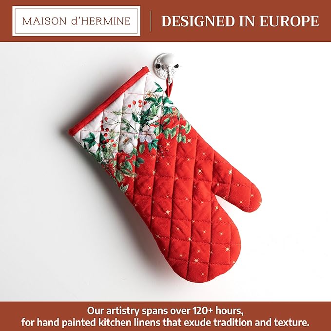 Maison d' Hermine Oven Gloves 100% Cotton Oven Mitt 7" x 13" with Loop Heat Resistant BBQ Cooking Gloves for Thanksgiving Christmas Decorations Baking Handling Hot Pans (Pack of 1, Noel)