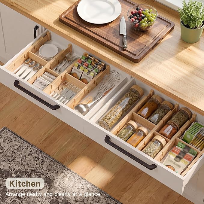 Bamboo Drawer Dividers, Expandable Kitchen Drawer Organizer, Include 8 Dividers, 8 Small Inserts and 8 Medium Inserts for Home, Office, Dressers (Short-8 Dividers)