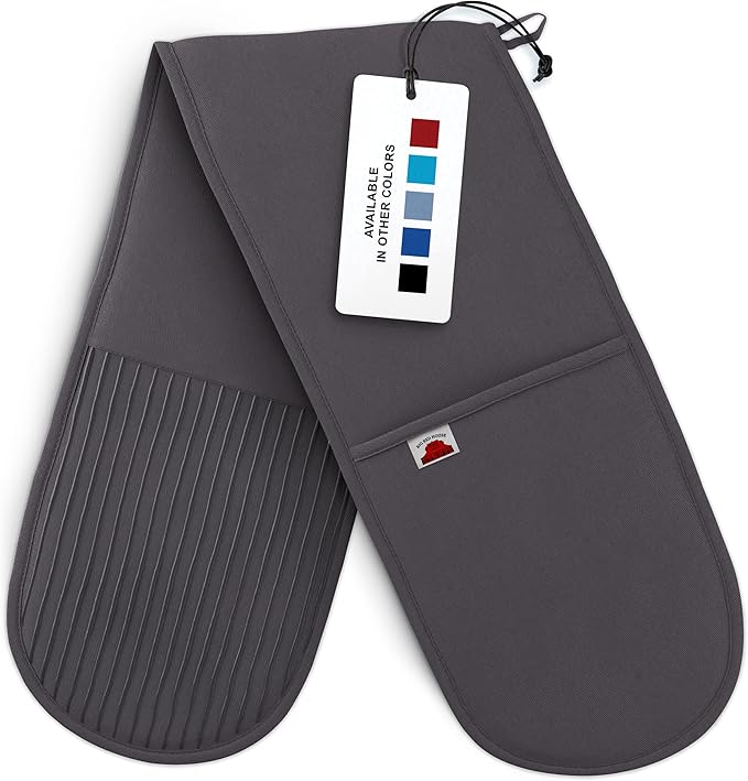 Big Red House Grey Double Oven Mitt Kitchen Protection - Pack of 1-32" Long - Heat Resistant Cotton Professional Grade with Terrycloth Lining