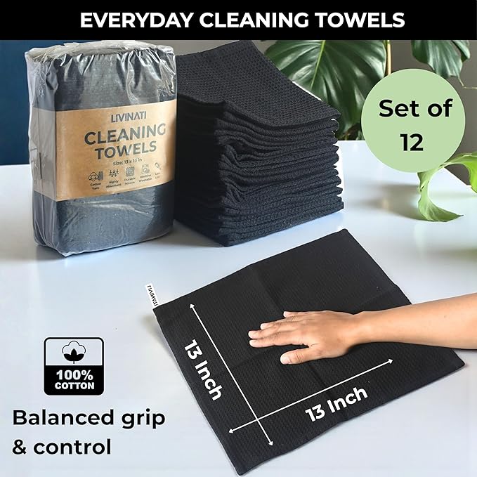 Black Cotton Cleaning Rags For Housekeeping - Trapos Paños De Limpieza Reutilizables - Kitchen Bar Shop Towel Dish Mop Wash Cloth For House Dust - Reusable Washable Absorbent - 13"x13" 12 Pack