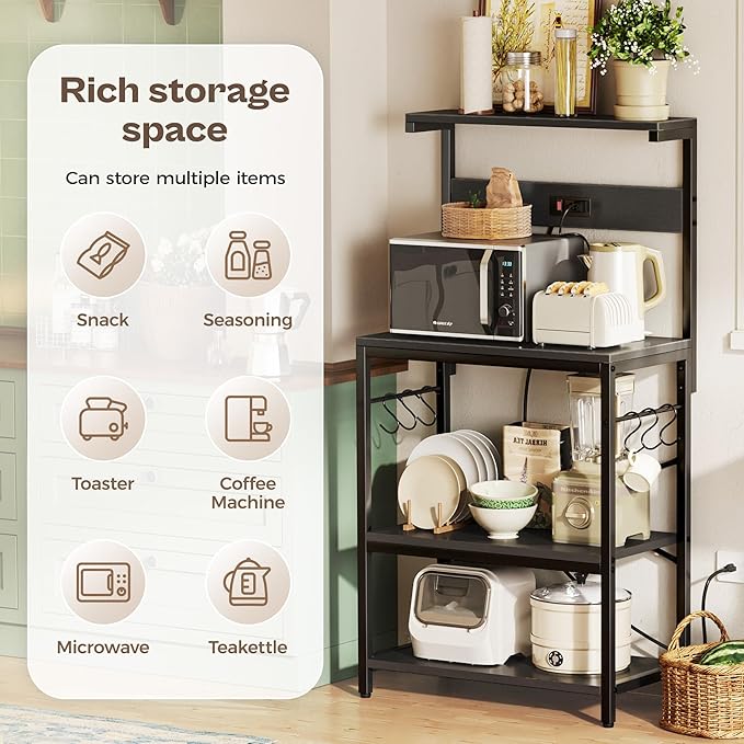 SUPERJARE Kitchen Bakers Rack with Power Outlet, Coffee Bar Table 4 Tiers, Kitchen Microwave Stand with 6 S-Shaped Hooks, Storage Shelf Rack for Spices, Pots and Pans - Black
