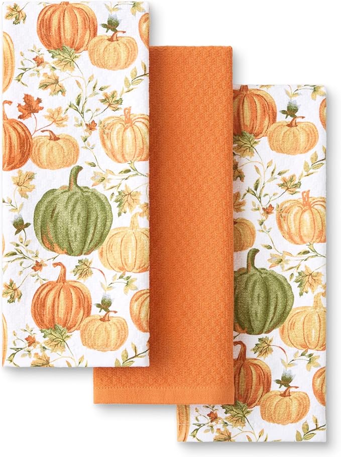 Martha Stewart Autumn Harvest Pumpkins Kitchen Towel 3-Pack Set, 100% Cotton with Absorbent Terrycloth, Decorative Kitchen Towels, Orange/Green/Ivory, 16"x28"