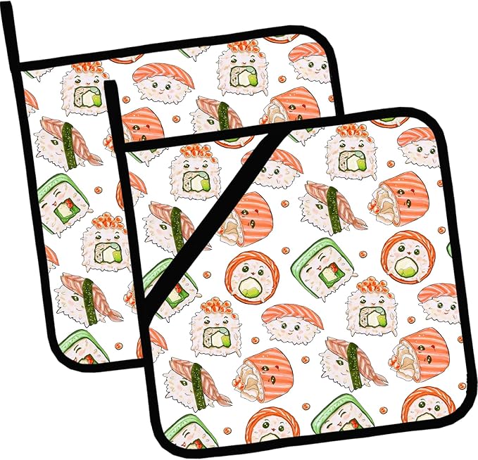 Cute Sushi Doodle Pot Holders 2 PCS,Kitchen Heat Resistant Potholder for BBQ Cooking Baking,Food Hot Pad for Women Men