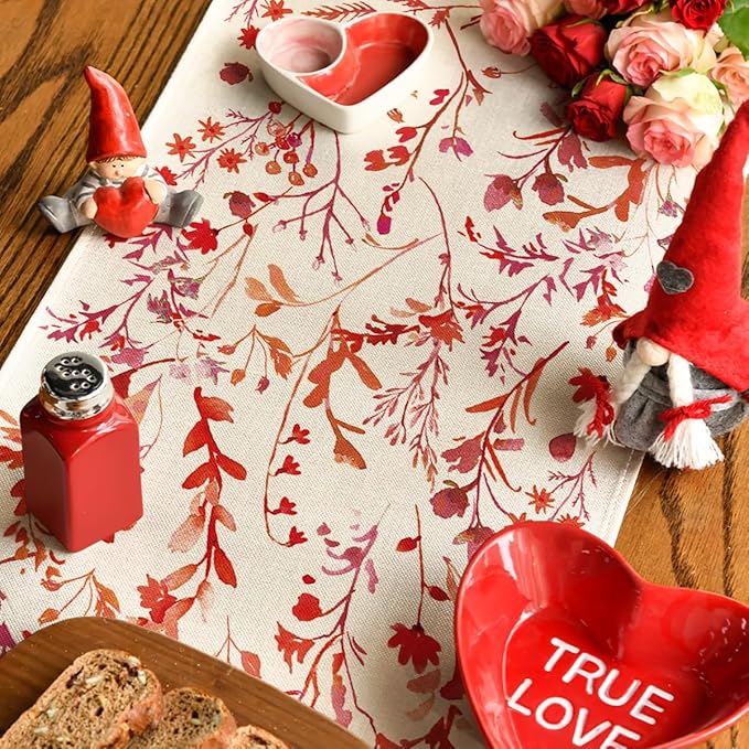 Artoid Mode Floral Leaves Valentine's Table Runner, Wild Flowers Seasonal Kitchen Dining Table Decoration for Home Party Decor 13x48 Inch