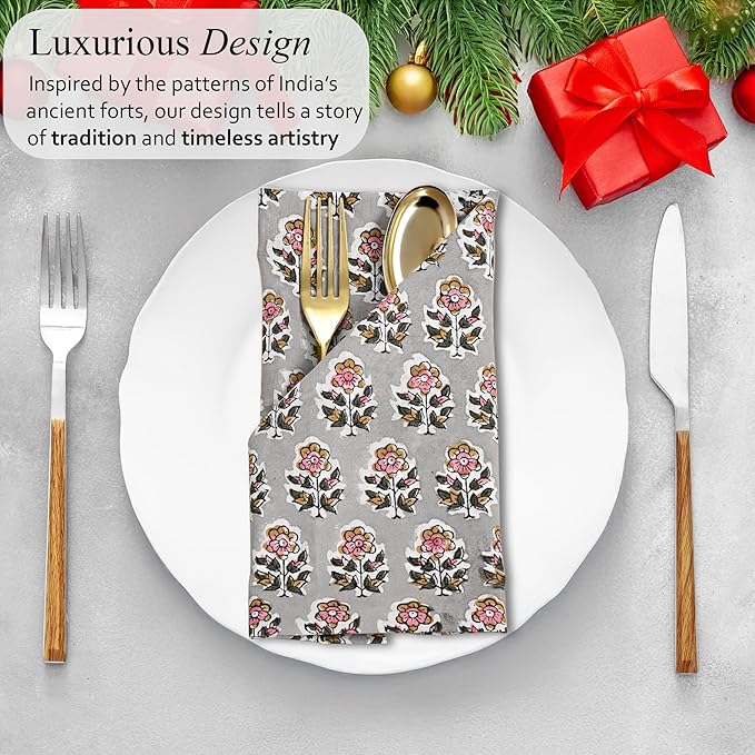 CPC Labra Gray Indian Block Print Cotton Cloth Napkins Set of 4, 18x18 Reusable Everyday Napkins, Soft, Absorbent, Floral Dinner Napkin, Holiday, Party Gift, Spring,Mother's Day