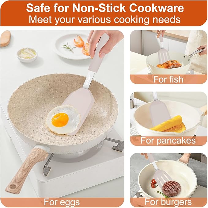 2 Pack Silicone Spatula Set, 600°F Heat Resistant Kitchen Spatula, BPA Free Solid & Slotted Turner, Flexible Cooking Utensils for Non Stick Frying Pan, Flipper for Eggs and Pancakes (Khaki)