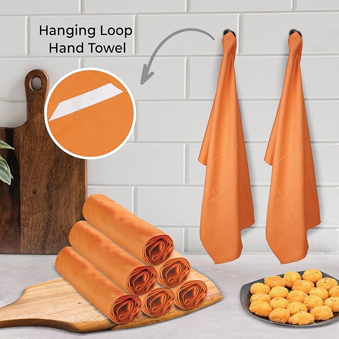 Urban Villa Kitchen Towels 100% Cotton Dish Towels for Kitchen(Set of 6)20”x30” Dish Cloths Highly Absorbent Kitchen Linen Set with Hanging Loop Perfect for Drying Dishes Cleaning Hand Towels – Orange