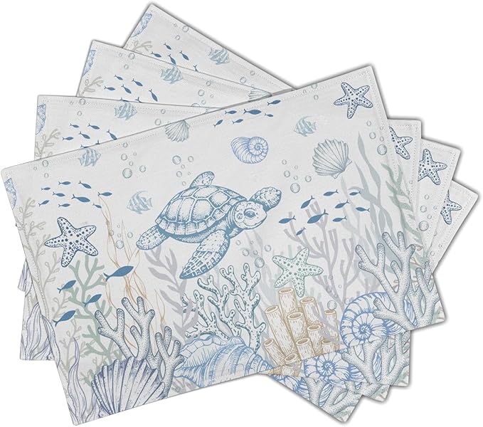 Giwawa Coastal Sea Turtle Placemats Set of 4, Ocean Life Nautical Tortoise Place Mat, Summer Starfish Seashell Beach Themed Washable Table Mats for Kitchen Dining Seasonal Party Decor, 12"x18"