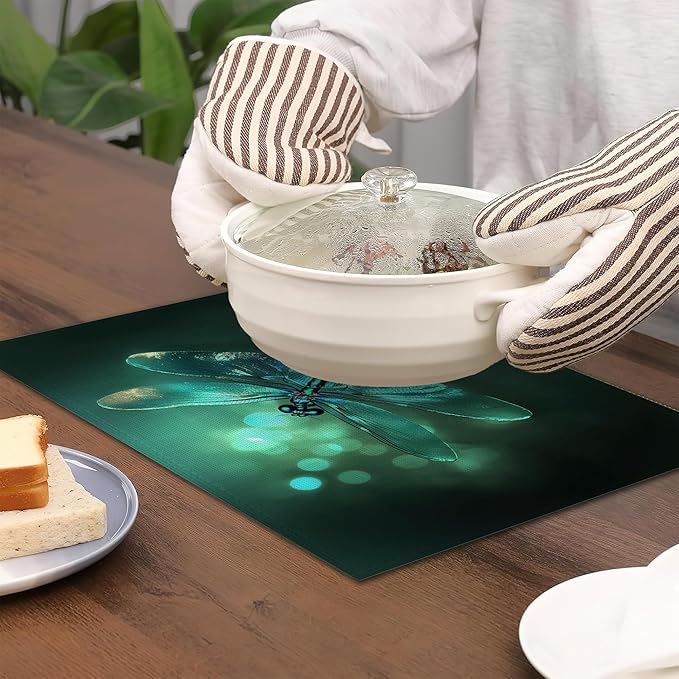 Placemats Set of 6,Green Dragonfly Table Mats,Glass Dragonfly Washable Linen Table Mats,Non-Slip Heat Resistant Placemats for Party Kitchen Dining Indoor Outdoor 12"x18"