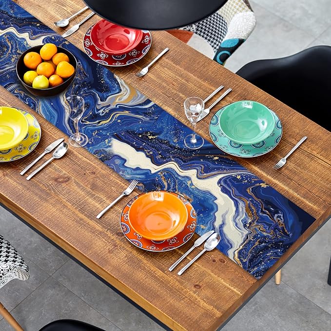 Marble Table Runner 72 Inches Long, Ink Marble Texture Table Runner Dresser Scarves, Rustic Burlap Dining Room Table Decor for Kitchen Wedding Farmhouse Indoor Outdoor Home Party