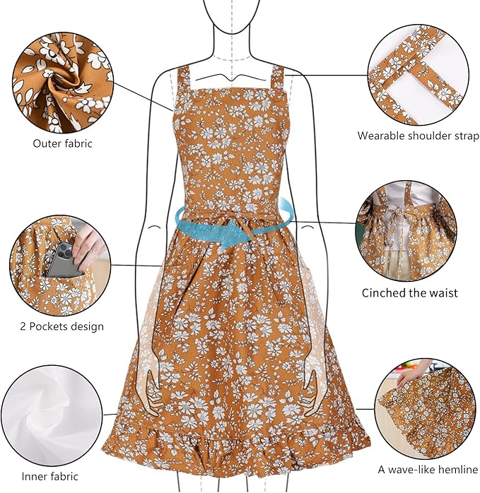 Pinknoke Vintage Pinafore Apron Dress for Women with Pockets Cute Floral Chef Aprons for Kitchen Cooking Baking Gardening