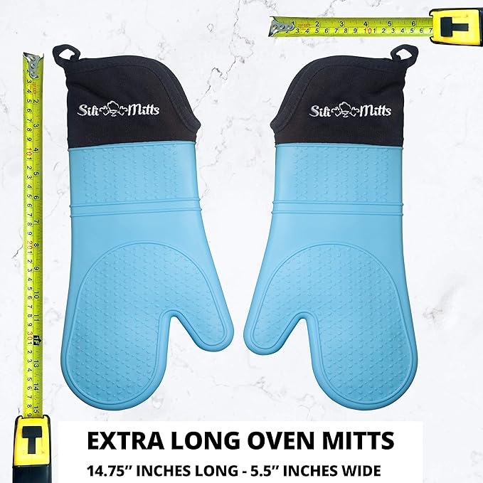 Silicone Oven Mitts Heat Resistant 500 Degrees - 2 Extra Long Silicone Oven Mitt Pot Holders - Food Safe Oven Gloves - BPA Free - Soft Inner Lining - (Blue) - Frux Sili Mitts