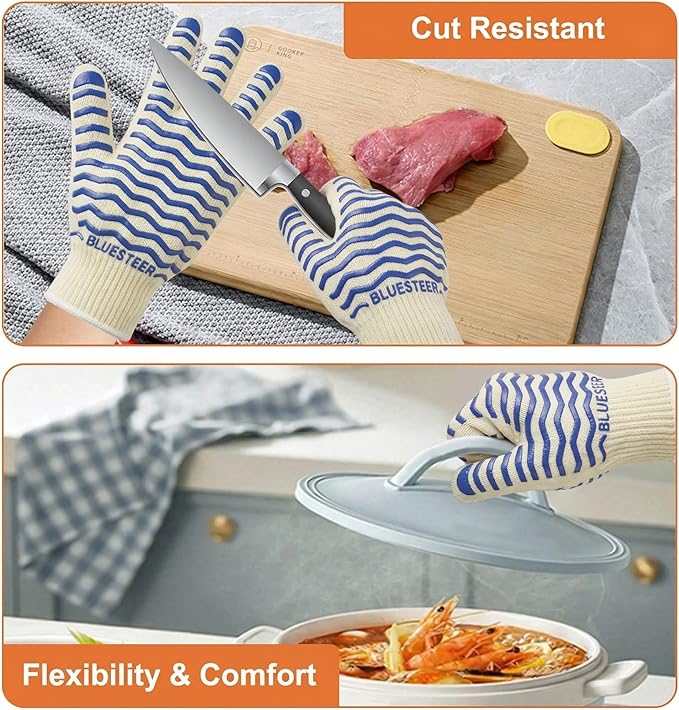 Oven Gloves 932°F Heat Resistant Oven Mitts with Fingers, Heat Proof BBQ Grill Gloves Silicone Grip Fireproof Gloves for Kitchen Cooking Grilling Baking