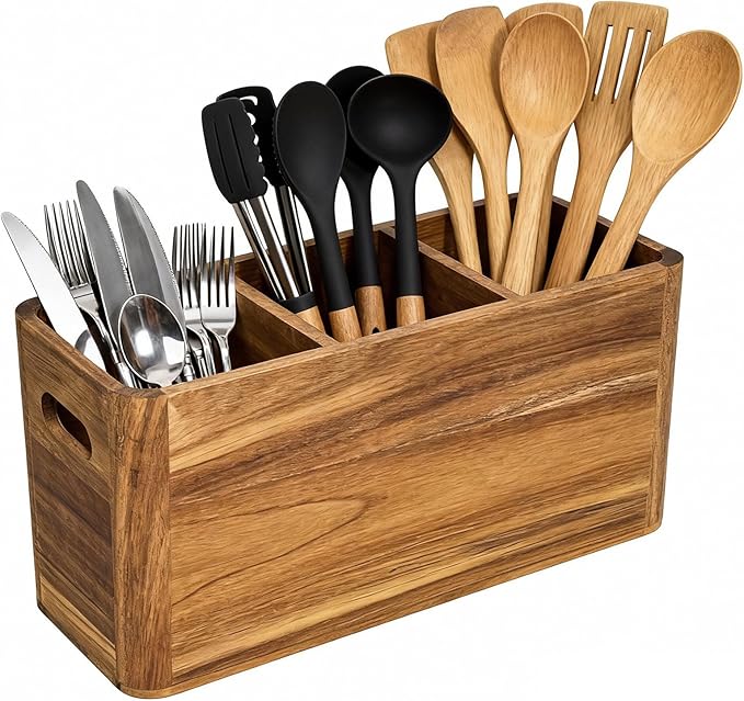Utensil Holder, Kitchen Utensil Holder, Acacia Wooden Utensil Holder, Kitchen Utensil Holder for Countertop, Large Utensil Holder for Storage Cooking Tools and Silverware with 3 Compartments
