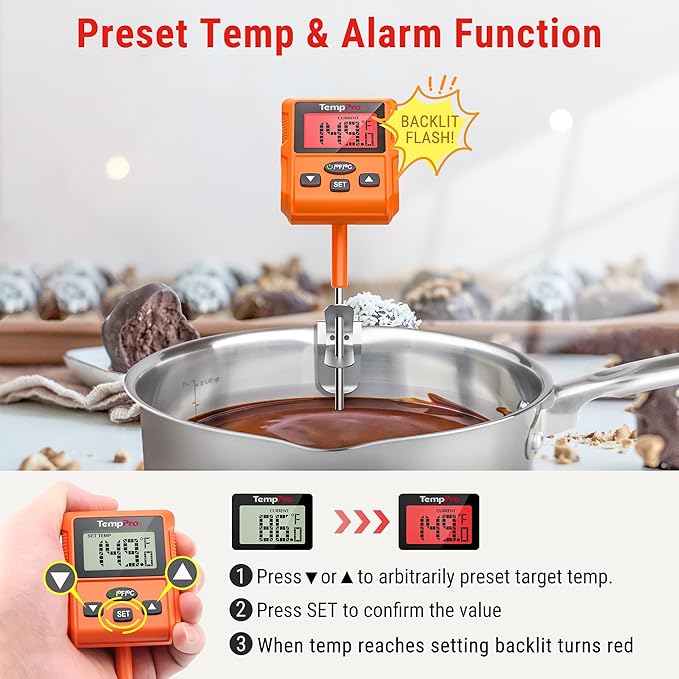 TempPro TP511 Digital Candy Thermometer with Pot Clip, Programmable Instant Read Food Meat Thermometer with 10'' Long Probe for Baking Grilling Candle Oil Deep Fry Thermometer(Previously ThermoPro)