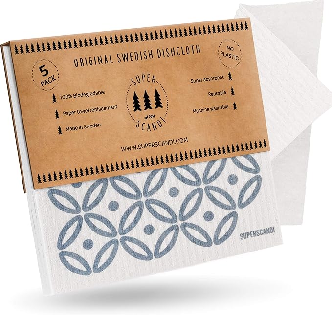 SUPERSCANDI 5 Pack Swedish Dishcloths for Kitchen - 100% Biodegradable & Compostable Reusable Paper Towels Washable, Food-Safe & Without Plastic - Dish Rags Suitable for Any Surface, Artdeco Blue