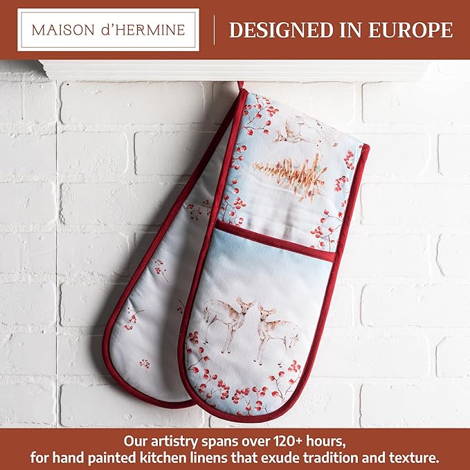 Maison d' Hermine Double Oven Mitt (7" x 35") 100% Cotton Heat Resistant BBQ Cooking Gloves with Loop for Thanksgiving Christmas Decorations Baking Cooking Handling Hot Pan (Fairy Tale Forest)