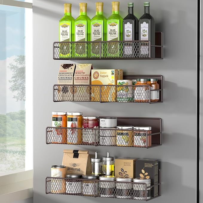 DTUQYX Magnetic Spice Rack for Refrigerator, 4 Pack 100% Metal Strong Magnet Fridge Shelves, Space Saving Spice Organizer, No Drilling Moveable Home Kitchen Laundry Room Storage Organization, Brown