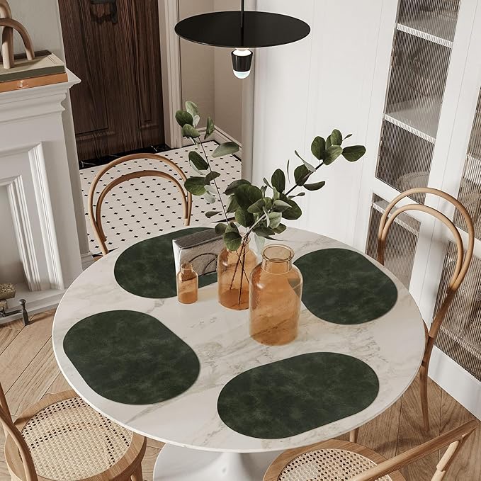 ADRIMER Placemats, Heat Resistant Oval Placemats Set of 6 Washable 12 x 17 Inch, Waterproof Table Mats, Wipeable Pu Place Mats for Kitchen, Dining Room, Olive Green