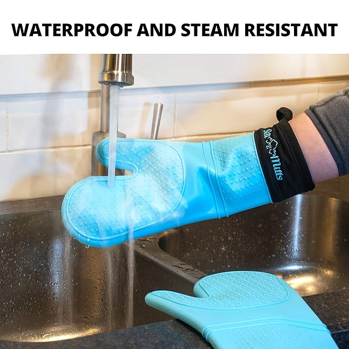 Silicone Oven Mitts Heat Resistant 500 Degrees - 2 Extra Long Silicone Oven Mitt Pot Holders - Food Safe Oven Gloves - BPA Free - Soft Inner Lining - (Blue) - Frux Sili Mitts