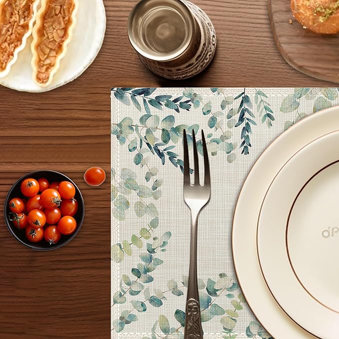 Green Floral Placemats Set of 6 - Botanical Sage Green Table Mats, Washable Heat Resistant for Kitchen Dining, Indoor Home Decor