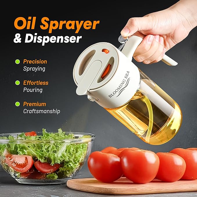 2-in-1 Oil Sprayer and Dispenser – 550ml Glass Olive Oil Bottle with Spray and Pour Modes – BPA-Free, Leakproof, Kitchen Oil Mister for Cooking, Air Fryer, BBQ (Classic White)