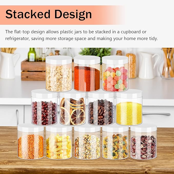 SLifeJars Plastic Jars 8oz Clear Plastic Slime Jars 24Pcs Empty Round Food Jar with White Lids Stackable Refillable Travel Jar Slime Containers for Slime Making Kitchen and House Storage