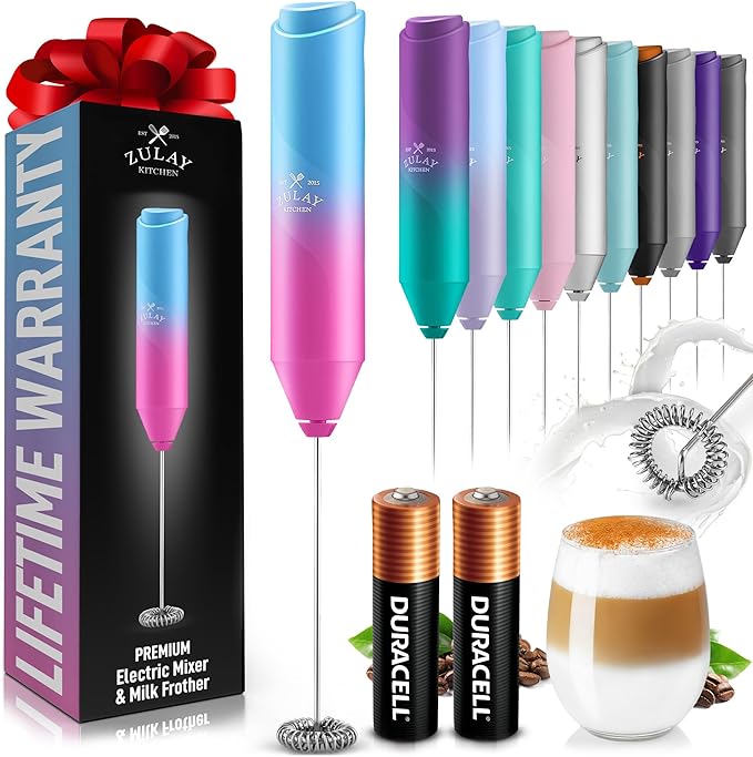 Zulay Kitchen Powerful Milk Frother AA Batteries Included – Ultra Fast Handheld Drink Mixer with Stainless Steel Whisk Stirrer for Coffee, Protein, Matcha & More, Frother Wand Electric Frothmate