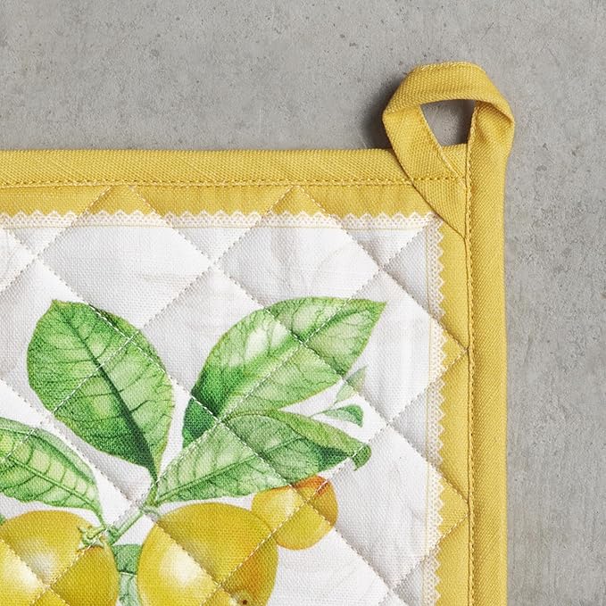 Maison d' Hermine Pot Holders 100% Cotton Heat Resistant Potholders 8" x 8" Hot Pads with Loop BBQ Cooking Baking Gifts for Mothers Day Handling Hot Pans Spring/Summer (Pack of 2, Limoncello)