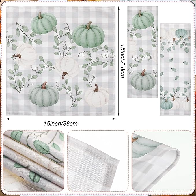 Funnymoom 24 Pcs Thanksgiving Blue White Pumpkin Cloth Napkins Pumpkin Eucalyptus Leaves Reusable Napkins 2 Styles Dinner Soft Absorbent Cloth for Fall Autumn Thanksgiving Party Favors
