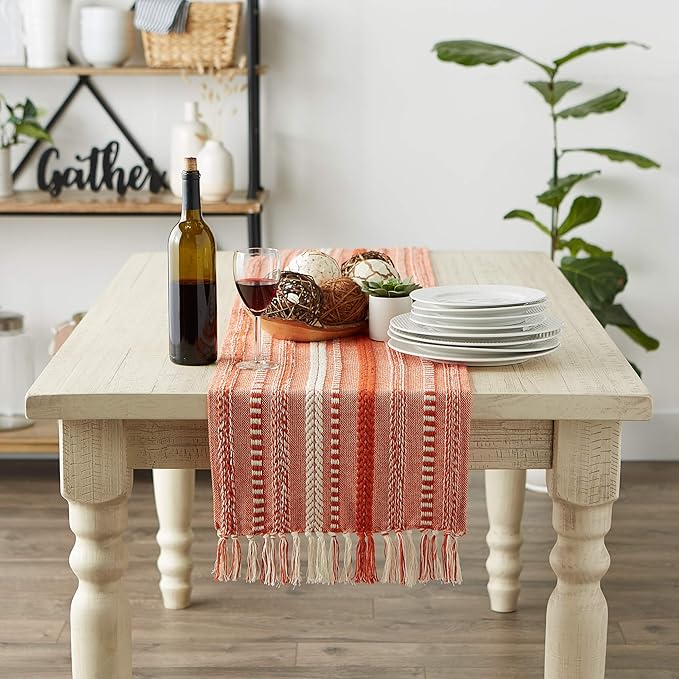 DII Farmhouse Braided Stripe Table Runner Collection, 15x108 (15x113, Fringe Included), Vintage Red