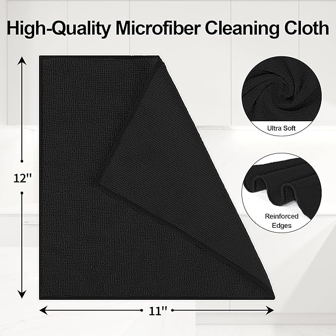 Microfiber Cleaning Cloth, 12 Pack Black Cleaning Rags,12" X 11" Lint Free Dish Towels Wash Cloths, Reusable Microfiber Towels for Home and Kitchen Bathroom Apartment Cleaning Supplies