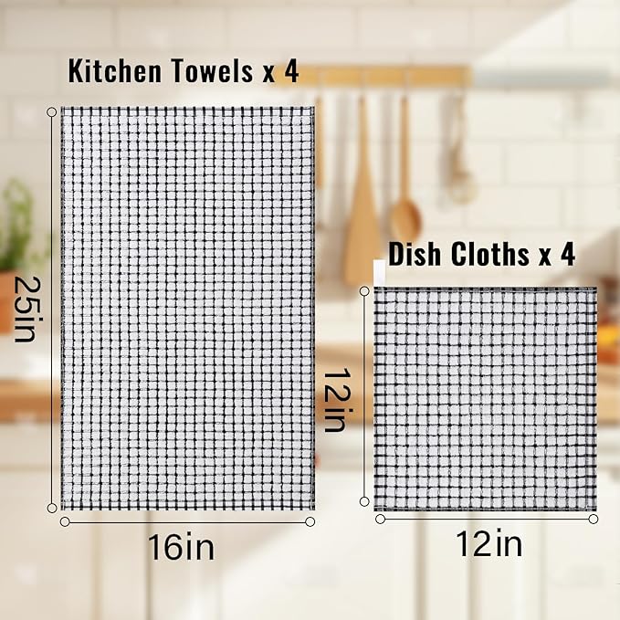 Homaxy Kitchen Towels and Dishcloths Set, 16 x 25 and 12 x 12 Inches, Set of 8 Cotton Terry Kitchen Dish Towels, Super Soft and Absorbent Dish Cloths, Black