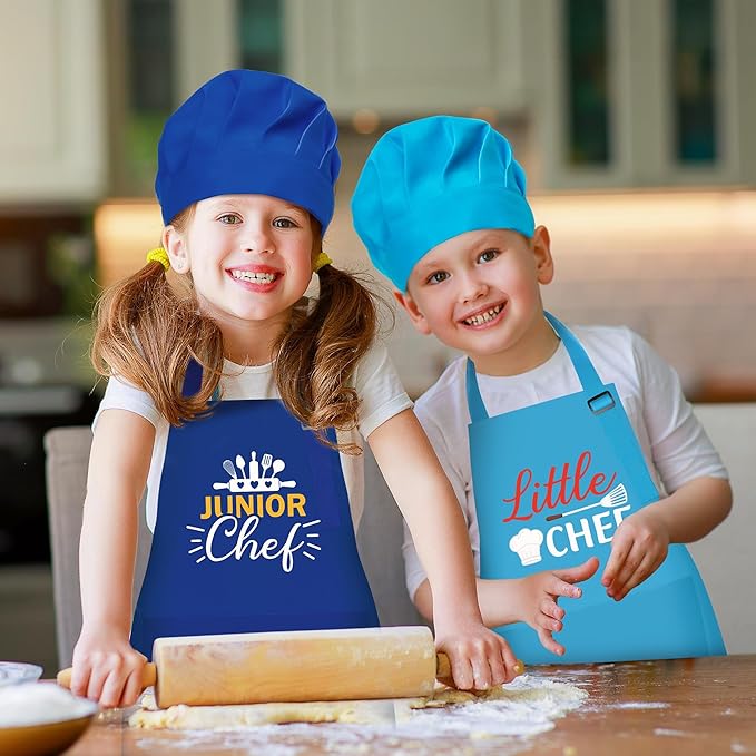 GROBRO7 4Pcs Kids Apron and Chef Hat Set Gift for Girls Boys Junior and Little Chef Identity Adjustable Kitchen Child Aprons with 2 Pockets Waterproof Smocks Hats for Baking Cooking Painting Training