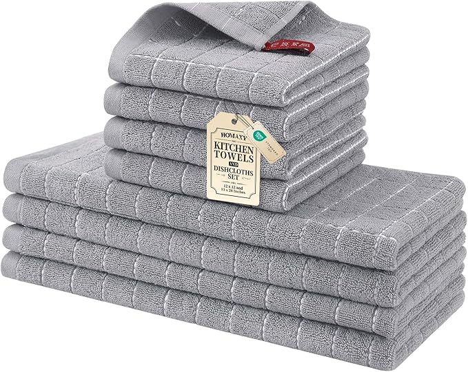 Homaxy Kitchen Towels and Dishcloths Set, 12 x 12 and 13 x 28 Inches, Set of 8 Bulk Cotton Terry Kitchen Towels Set, Checkered Designed, Soft and Super Absorbent Dish Towels, Light Grey