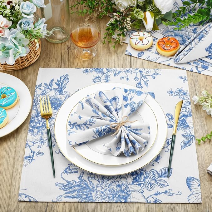 VitalCozy Cloth Napkins-15 x 15 Inch Soft Fabric Napkins Bulk Cloth Washable Reusable Plants Floral Square Napkin Cotton Dinner Towel for Spring Tea Party(Blue White Flower,48 Pcs)